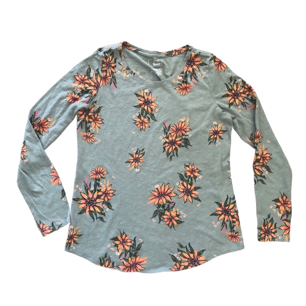Women's Sonoma Everyday Long Sleeve V-Neck Tee Olive Green Pattern Sunflower
